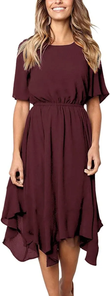 Alaster Womens Chiffon Short Sleeve Casual Midi Dress Irregular Hem Summer Dress