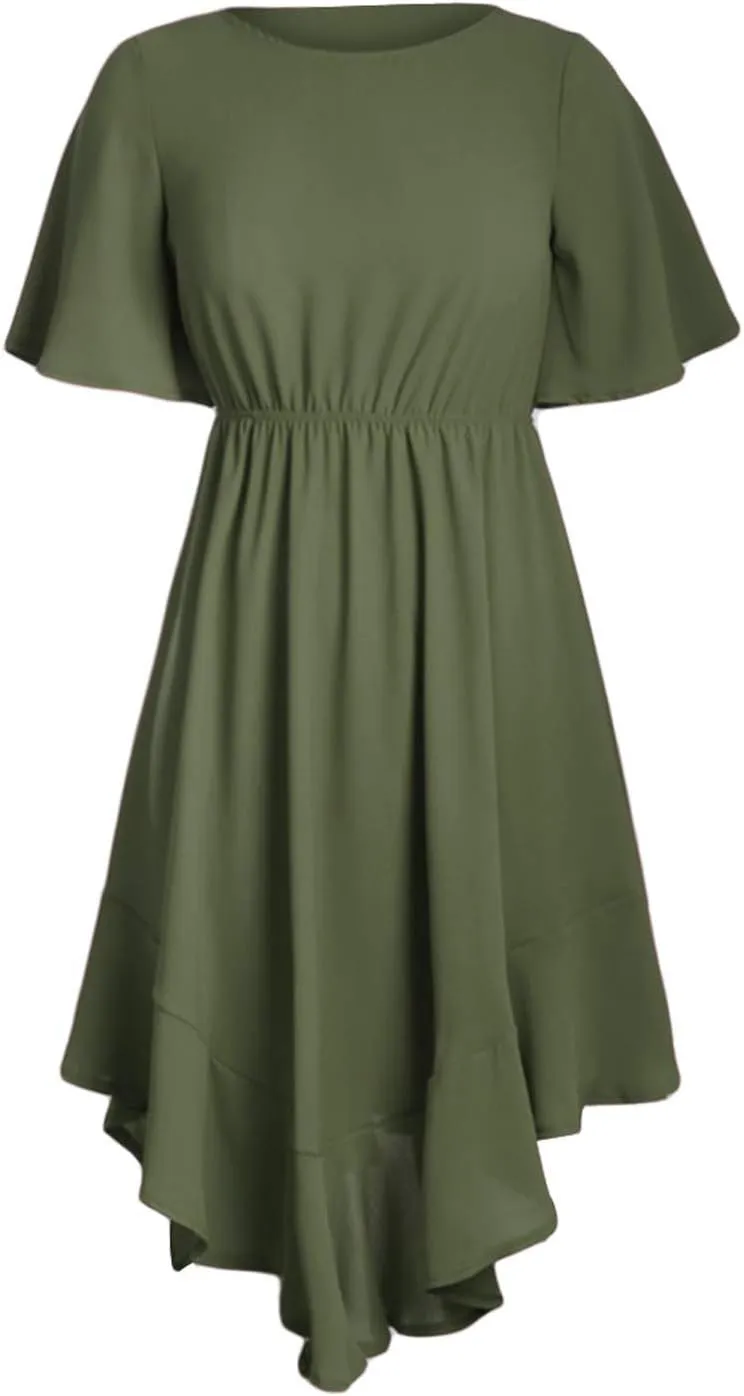 Alaster Womens Chiffon Short Sleeve Casual Midi Dress Irregular Hem Summer Dress