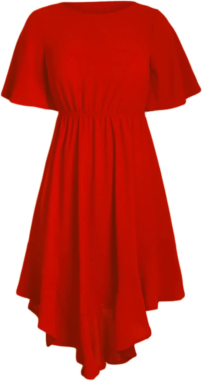 Alaster Womens Chiffon Short Sleeve Casual Midi Dress Irregular Hem Summer Dress