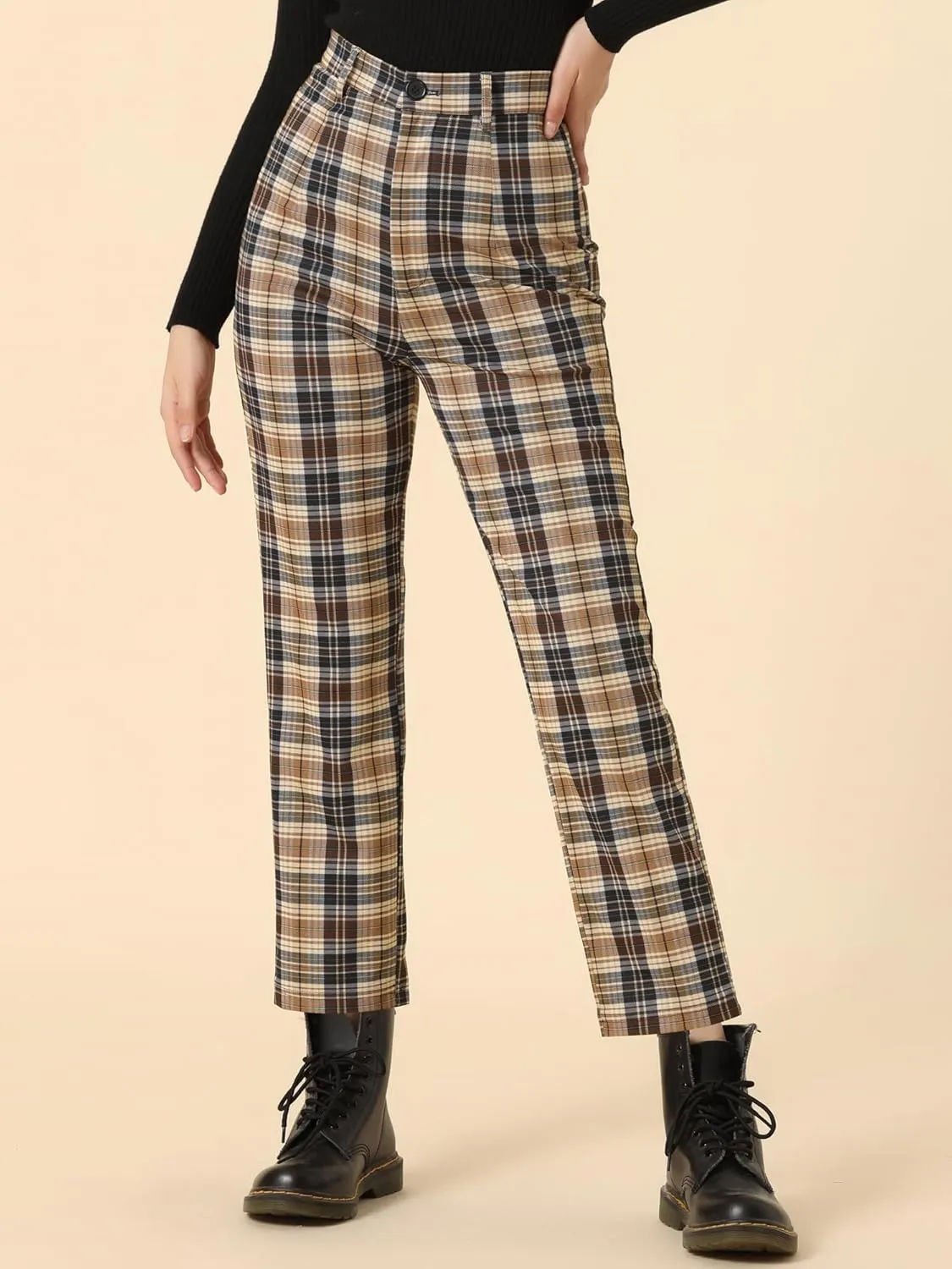 Allegra K Women's Plaid Cropped Trousers Button Casual Tartan Check Work Pants