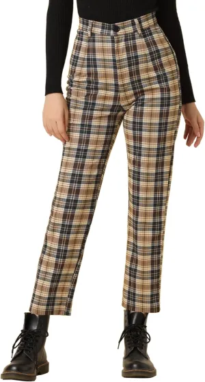 Allegra K Women's Plaid Cropped Trousers Button Casual Tartan Check Work Pants