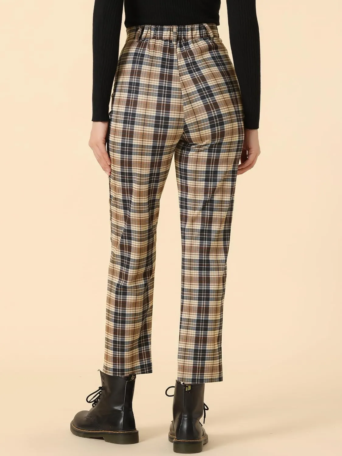 Allegra K Women's Plaid Cropped Trousers Button Casual Tartan Check Work Pants