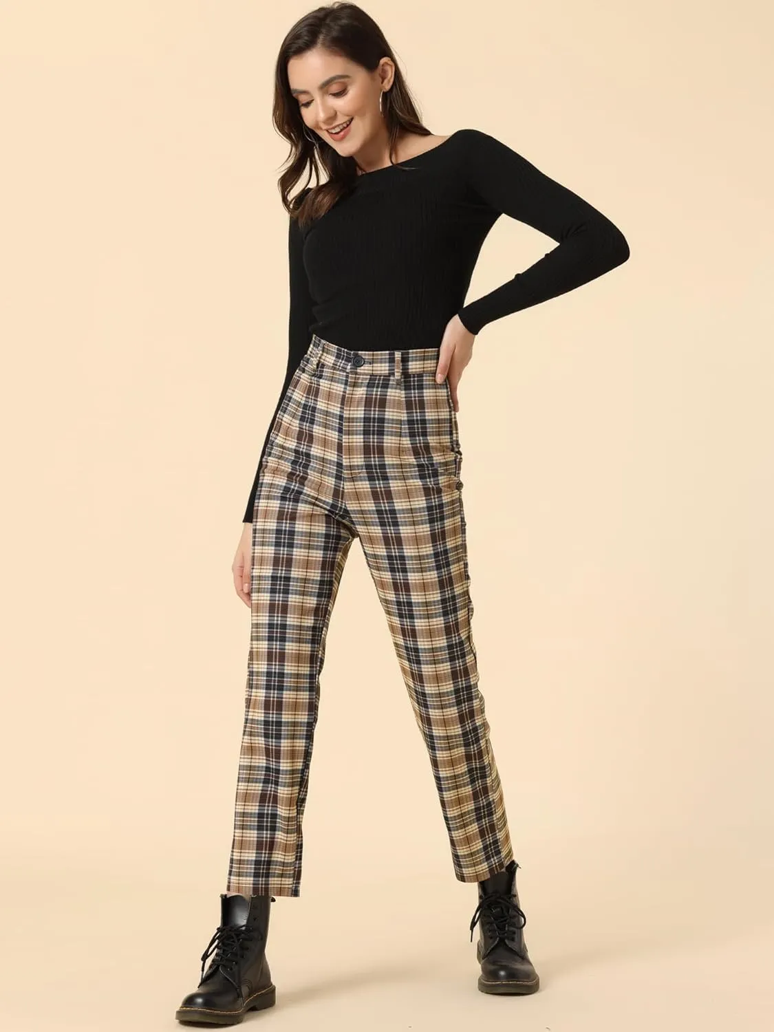 Allegra K Women's Plaid Cropped Trousers Button Casual Tartan Check Work Pants