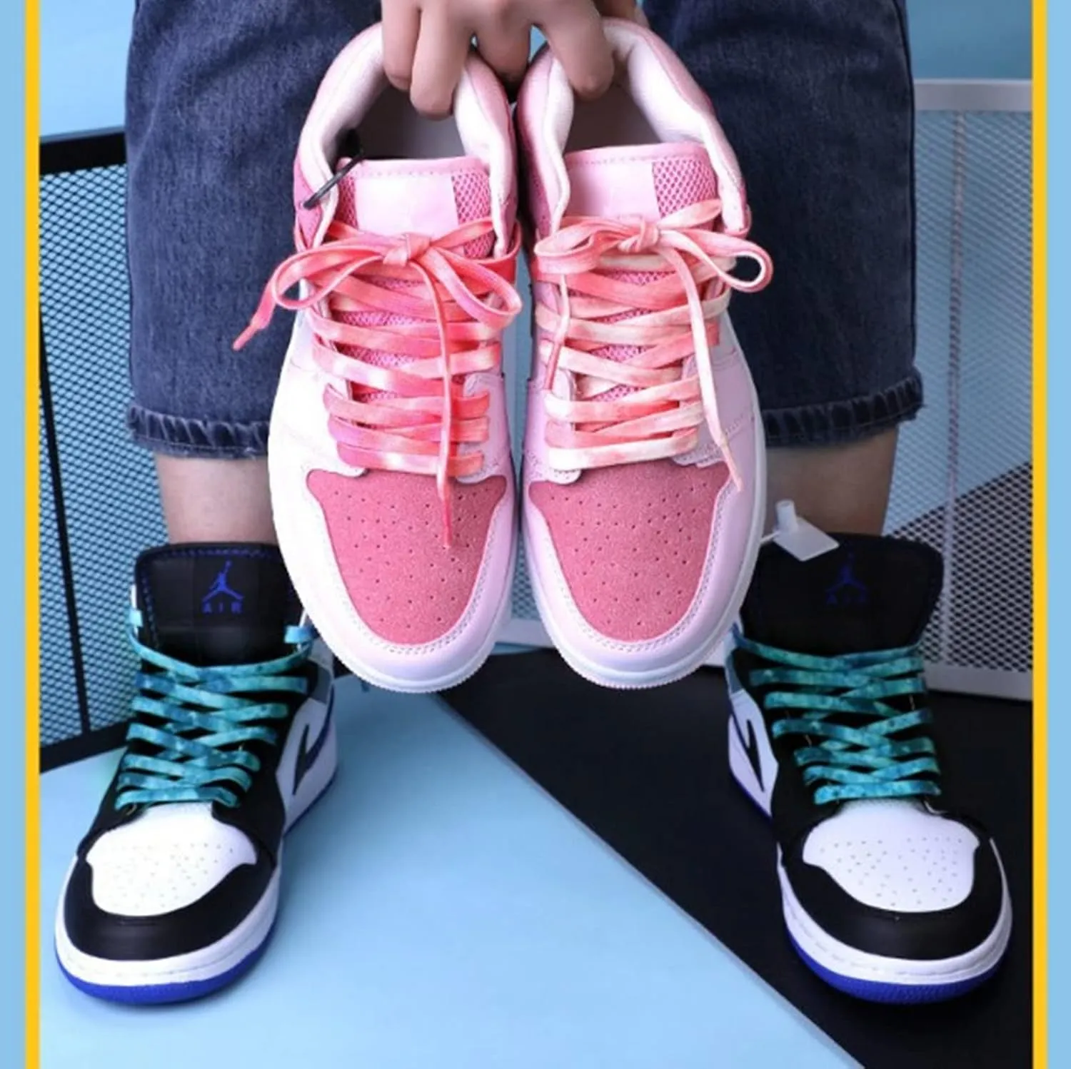 ANUFER 2 Pairs 9MM Wide Tie Dye Colored Flat Shoelaces for Sneakers Canvas Shoes Skate Running Shoes 100-180CM