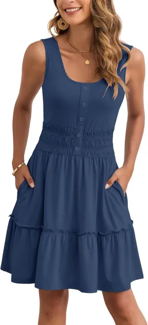 AUSELILY Women Summer Dress Sleeveless Tank Button Down Dresses Tiered Smocked Elastic Waist with Pockets