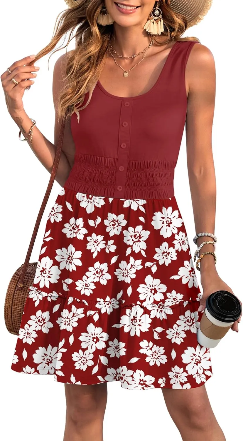AUSELILY Women Summer Dress Sleeveless Tank Button Down Dresses Tiered Smocked Elastic Waist with Pockets