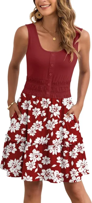 AUSELILY Women Summer Dress Sleeveless Tank Button Down Dresses Tiered Smocked Elastic Waist with Pockets