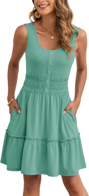 AUSELILY Women Summer Dress Sleeveless Tank Button Down Dresses Tiered Smocked Elastic Waist with Pockets