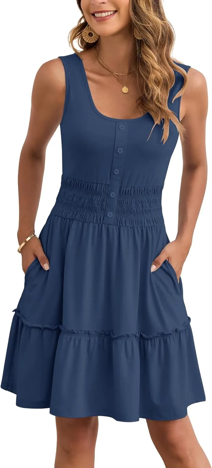 AUSELILY Women Summer Dress Sleeveless Tank Button Down Dresses Tiered Smocked Elastic Waist with Pockets