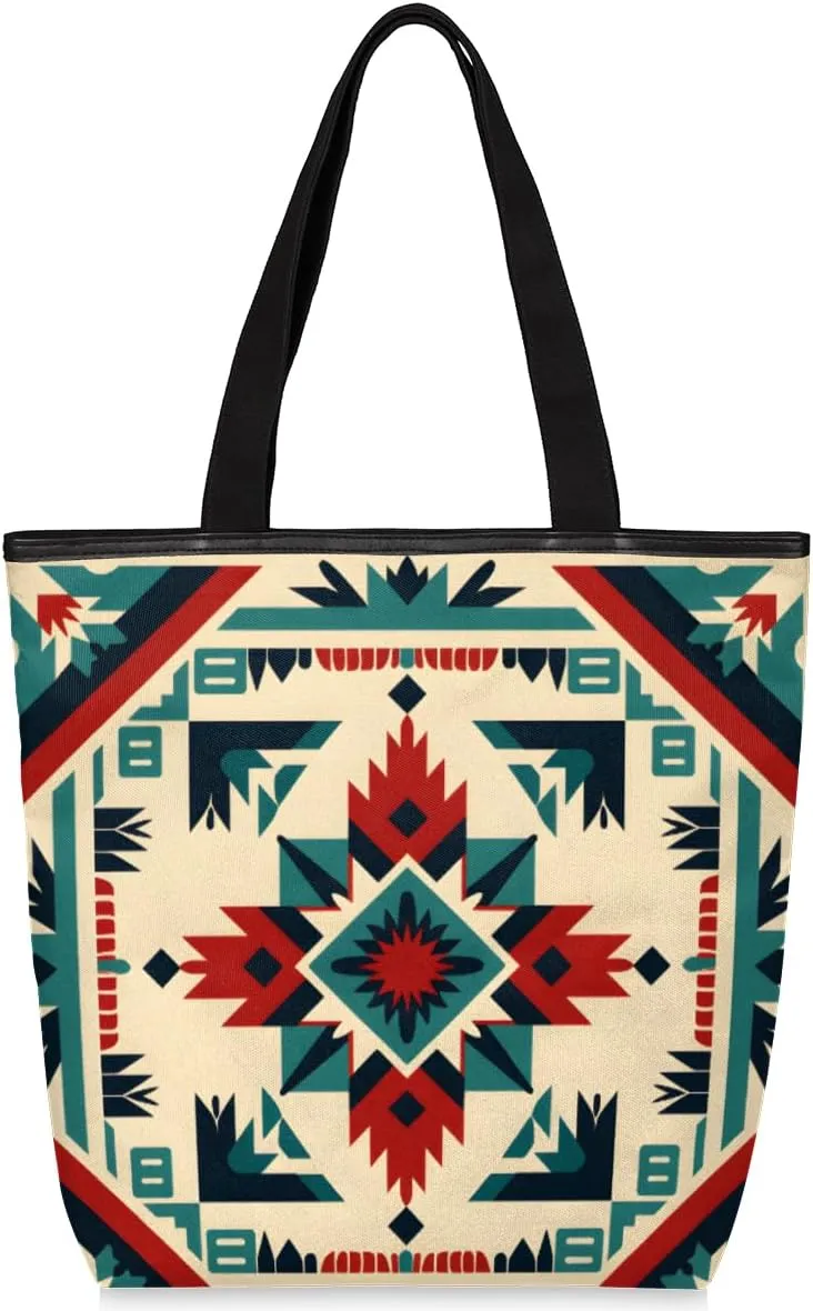 Aztec Canvas Tote Bag for Women Large Tote Bag with Zipper & Pockets Canvas Beach Bag Shoulder Bag Reusable Shopping Bags Cute Tote Bags for Work Travel