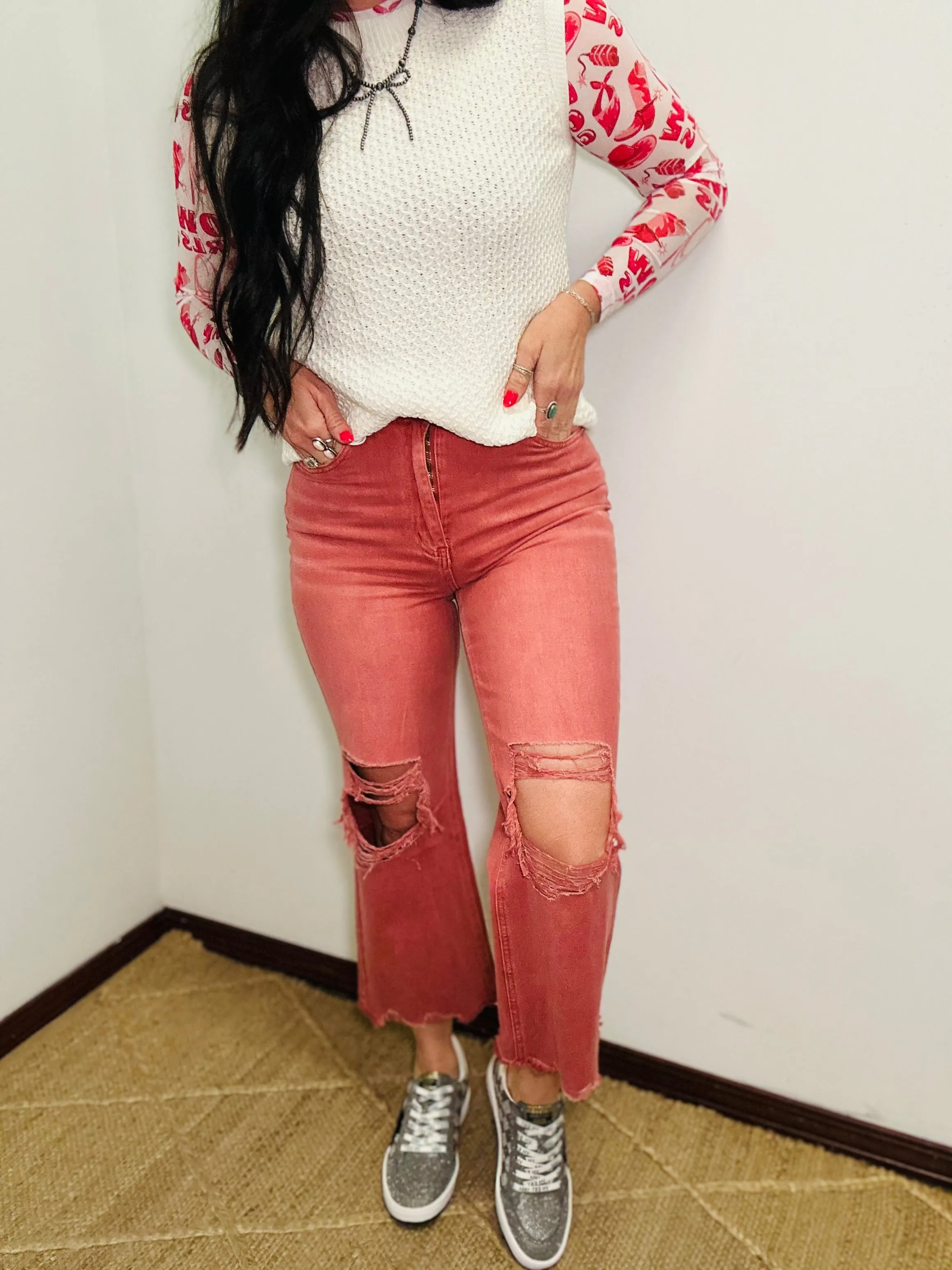 Babs Heavy Distressed Straight Jeans Brick