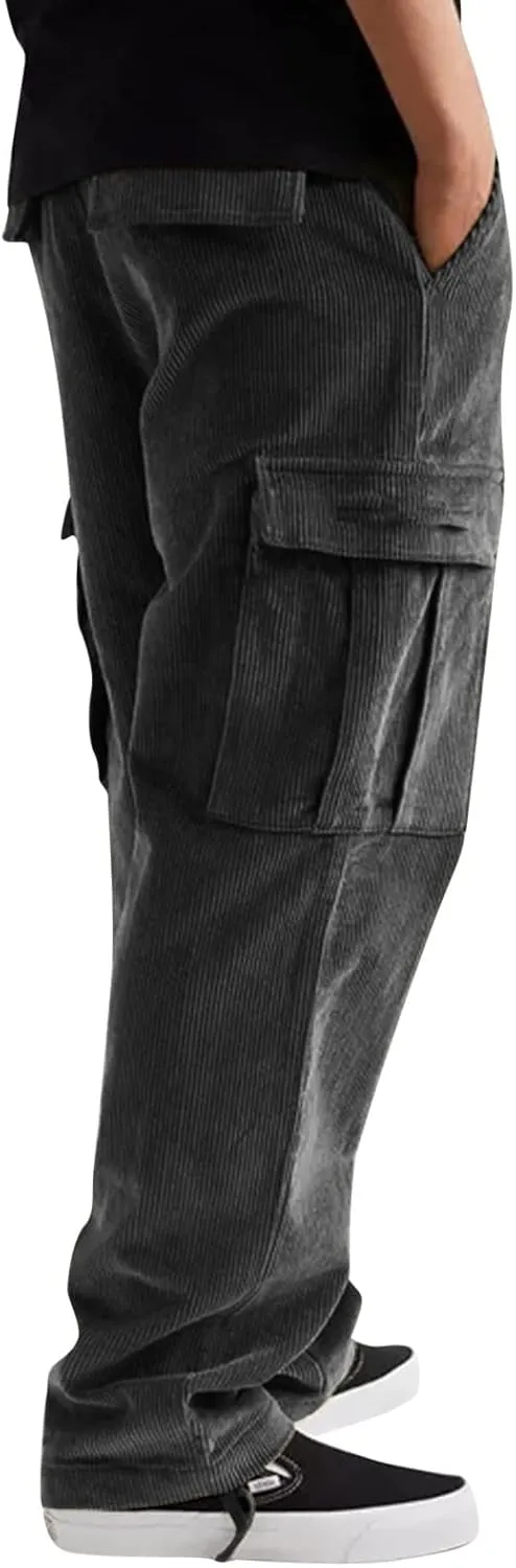 Baggy Cargo Pants Men Big and Tall Relaxed Fit Casual Corduroy Pants Autumn and Winter Solid Straight Athletic Sweatpants