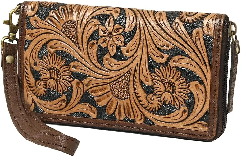 Bags OHA129B Clutch Hand Tooled Genuine Leather Women Bag Western Handbag Purse, Brown