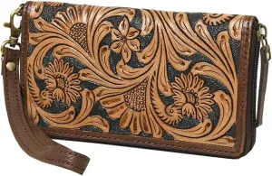 Bags OHA129B Clutch Hand Tooled Genuine Leather Women Bag Western Handbag Purse, Brown