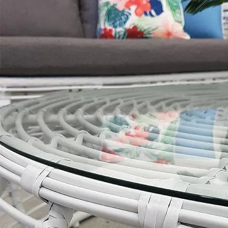 Barbados Outdoor Wicker Coffee Table in Arctic White with Glass Top