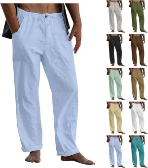 Beach Linen Pants for Men Drawstring Plus Size Linen Pants Lightweight Elastic WAIS Yoga Pants with Pockets Lounge Pants