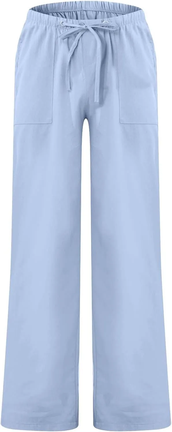 Beach Linen Pants for Men Drawstring Plus Size Linen Pants Lightweight Elastic WAIS Yoga Pants with Pockets Lounge Pants
