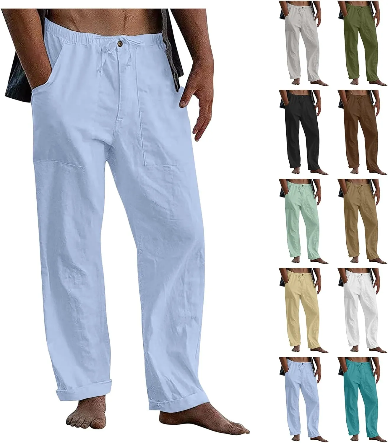 Beach Linen Pants for Men Drawstring Plus Size Linen Pants Lightweight Elastic WAIS Yoga Pants with Pockets Lounge Pants