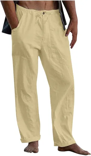 Beach Linen Pants for Men Drawstring Plus Size Linen Pants Lightweight Elastic WAIS Yoga Pants with Pockets Lounge Pants