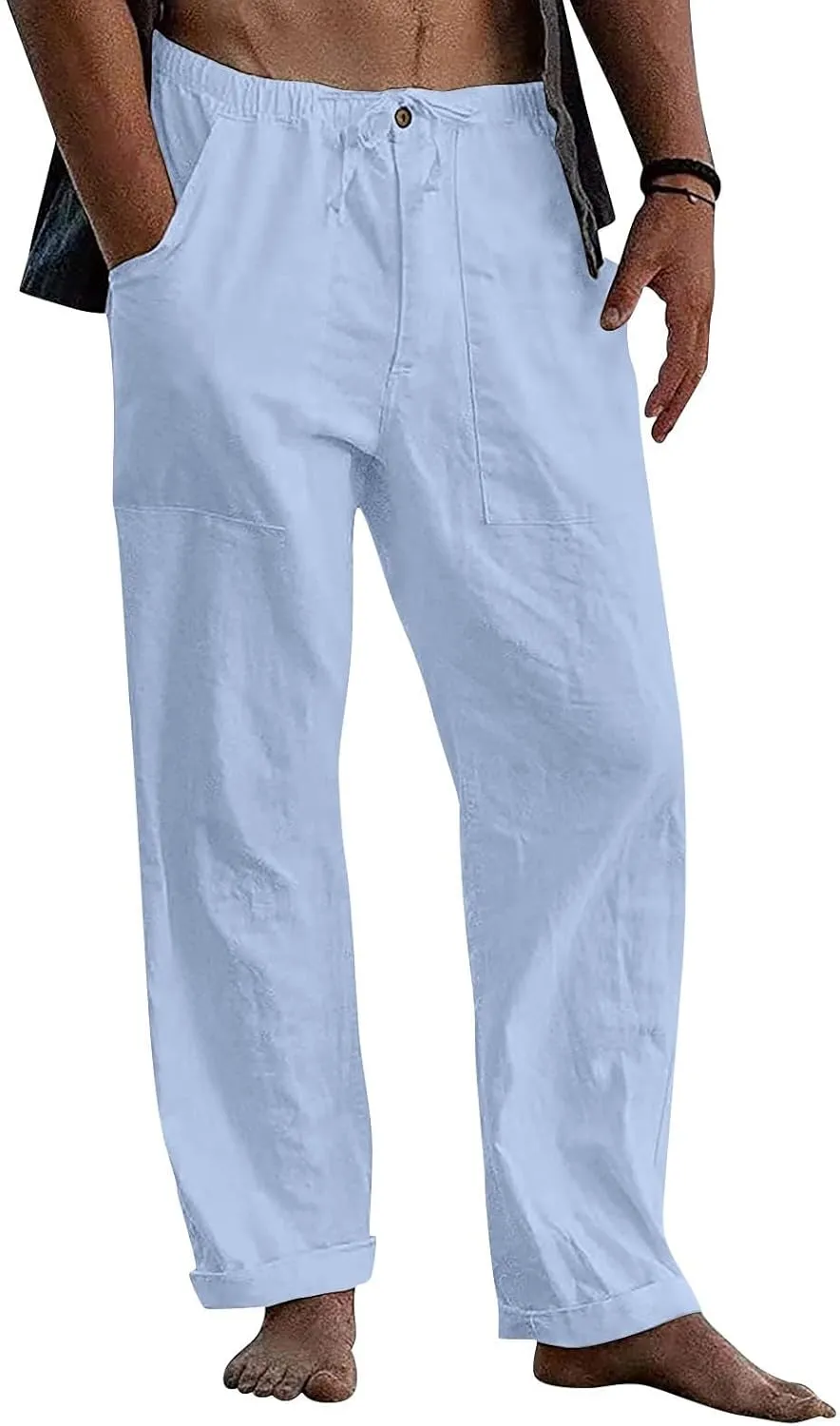 Beach Linen Pants for Men Drawstring Plus Size Linen Pants Lightweight Elastic WAIS Yoga Pants with Pockets Lounge Pants