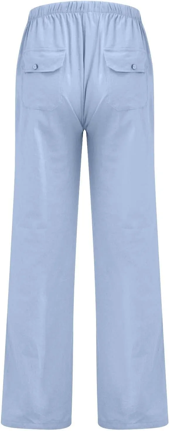 Beach Linen Pants for Men Drawstring Plus Size Linen Pants Lightweight Elastic WAIS Yoga Pants with Pockets Lounge Pants