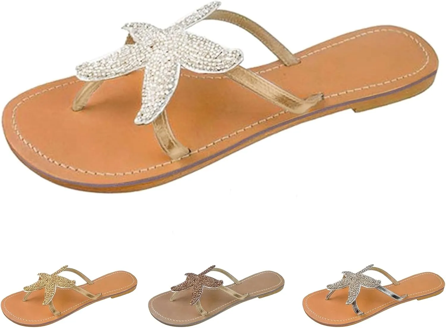 Beach Sandals for Woman Orthopedic Clip Toe Flat Slippers Lightweight Anti Slip Casual Slippers Cute Starfish Shower Beach Pool Bathroom Flat Slides Shoes