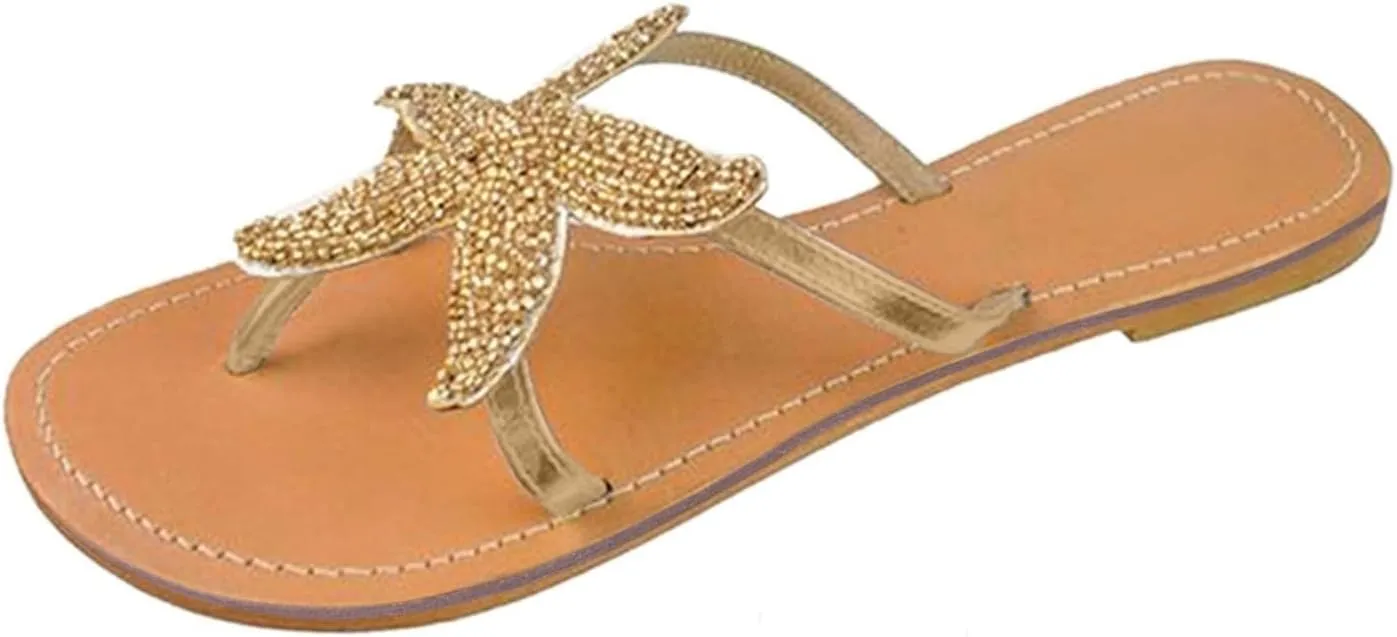 Beach Sandals for Woman Orthopedic Clip Toe Flat Slippers Lightweight Anti Slip Casual Slippers Cute Starfish Shower Beach Pool Bathroom Flat Slides Shoes