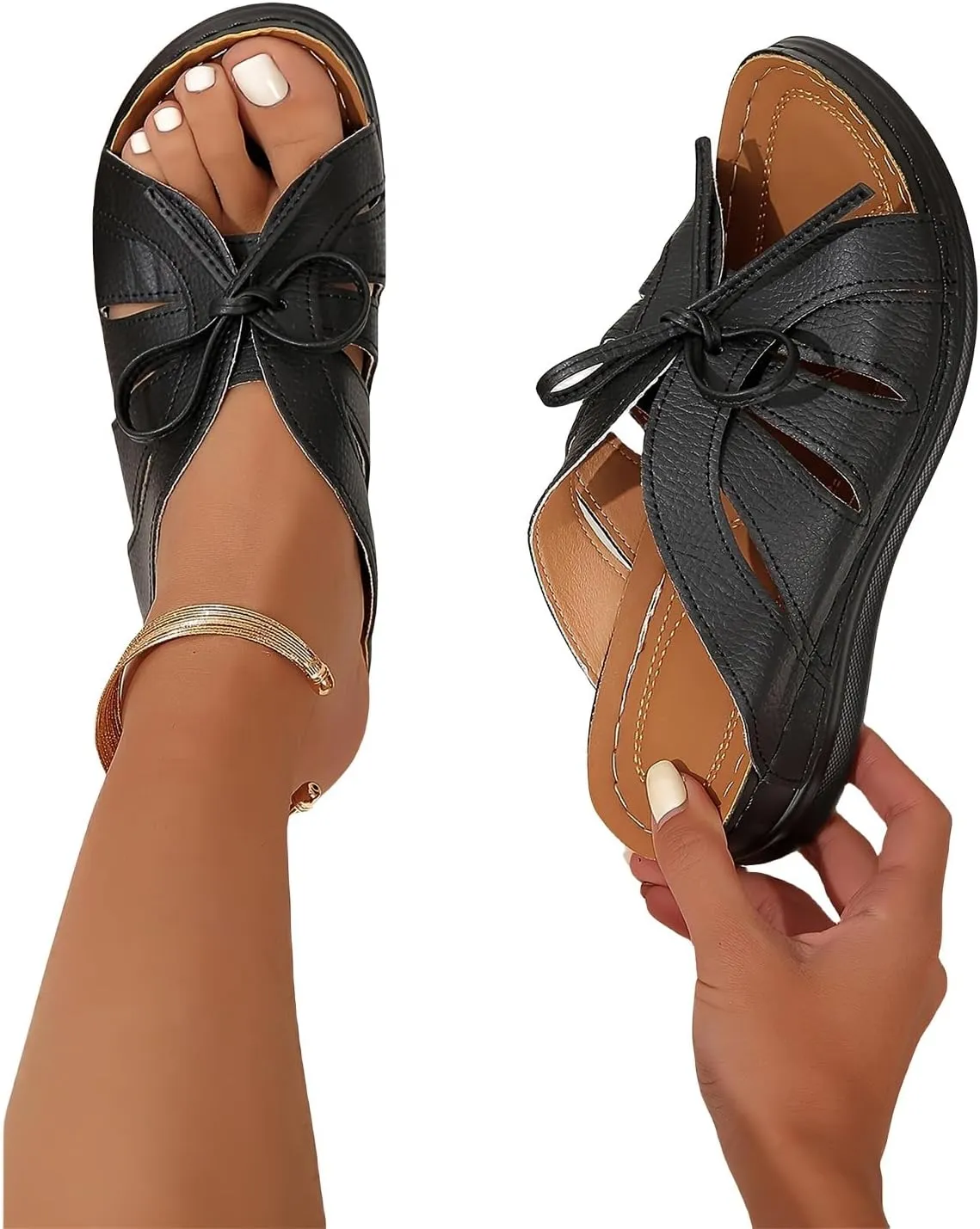 Bedroom Bow Crossbands Slide Slipper Shoes Slippers Comfy Trendy Bowknot Buckle Hollow Out Wedge Sandals with Arch Support Backless Platform Open Toe Beach Walking