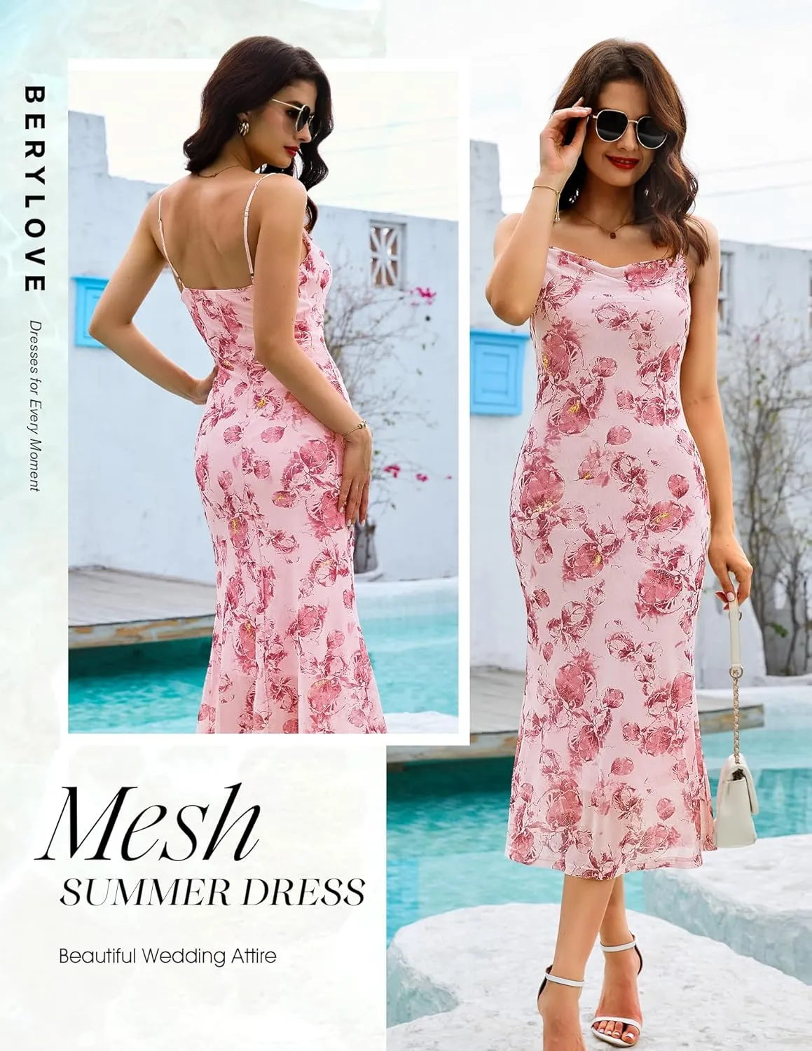 BeryLove Summer Wedding Guest Mesh Dresses Formal Spaghetti Strap Beach Dress