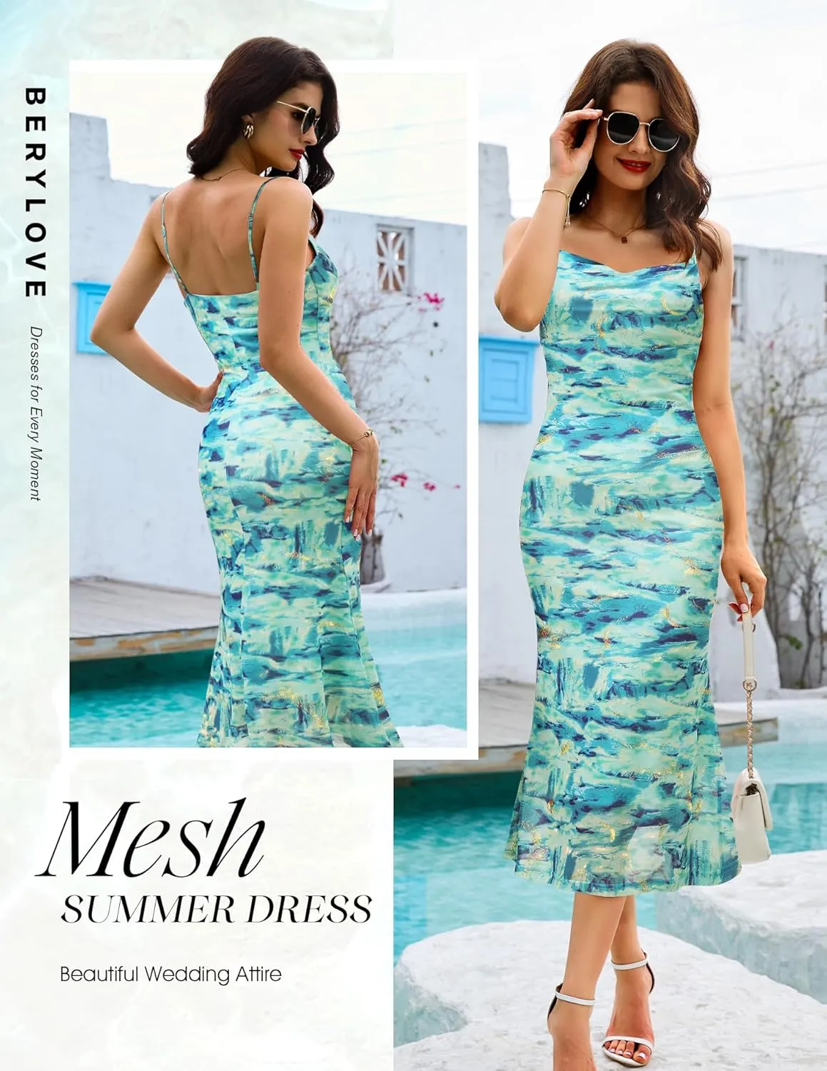 BeryLove Summer Wedding Guest Mesh Dresses Formal Spaghetti Strap Beach Dress