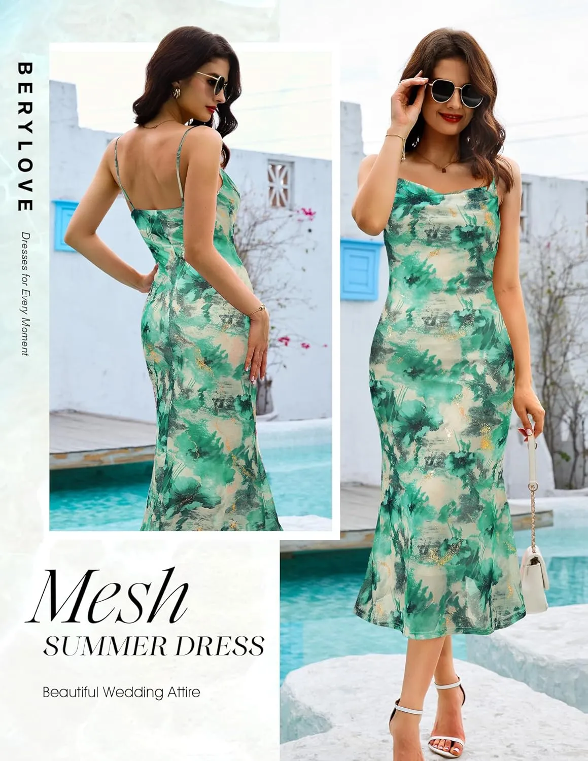 BeryLove Summer Wedding Guest Mesh Dresses Formal Spaghetti Strap Beach Dress