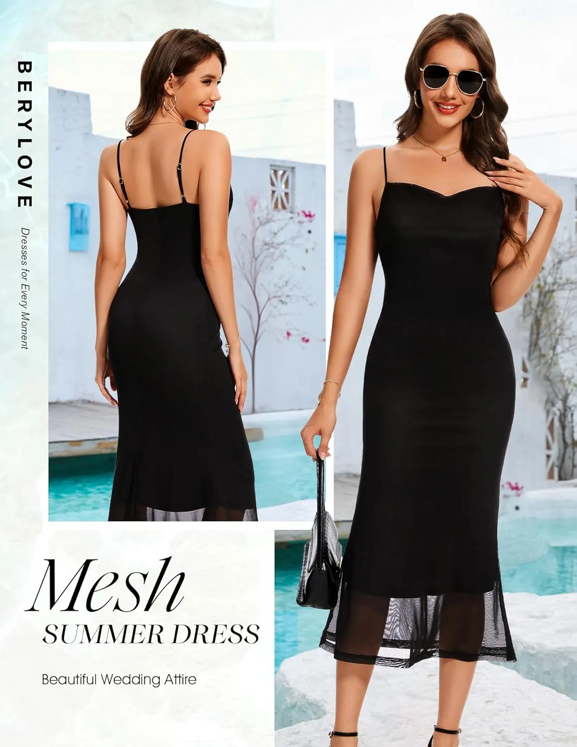 BeryLove Summer Wedding Guest Mesh Dresses Formal Spaghetti Strap Beach Dress