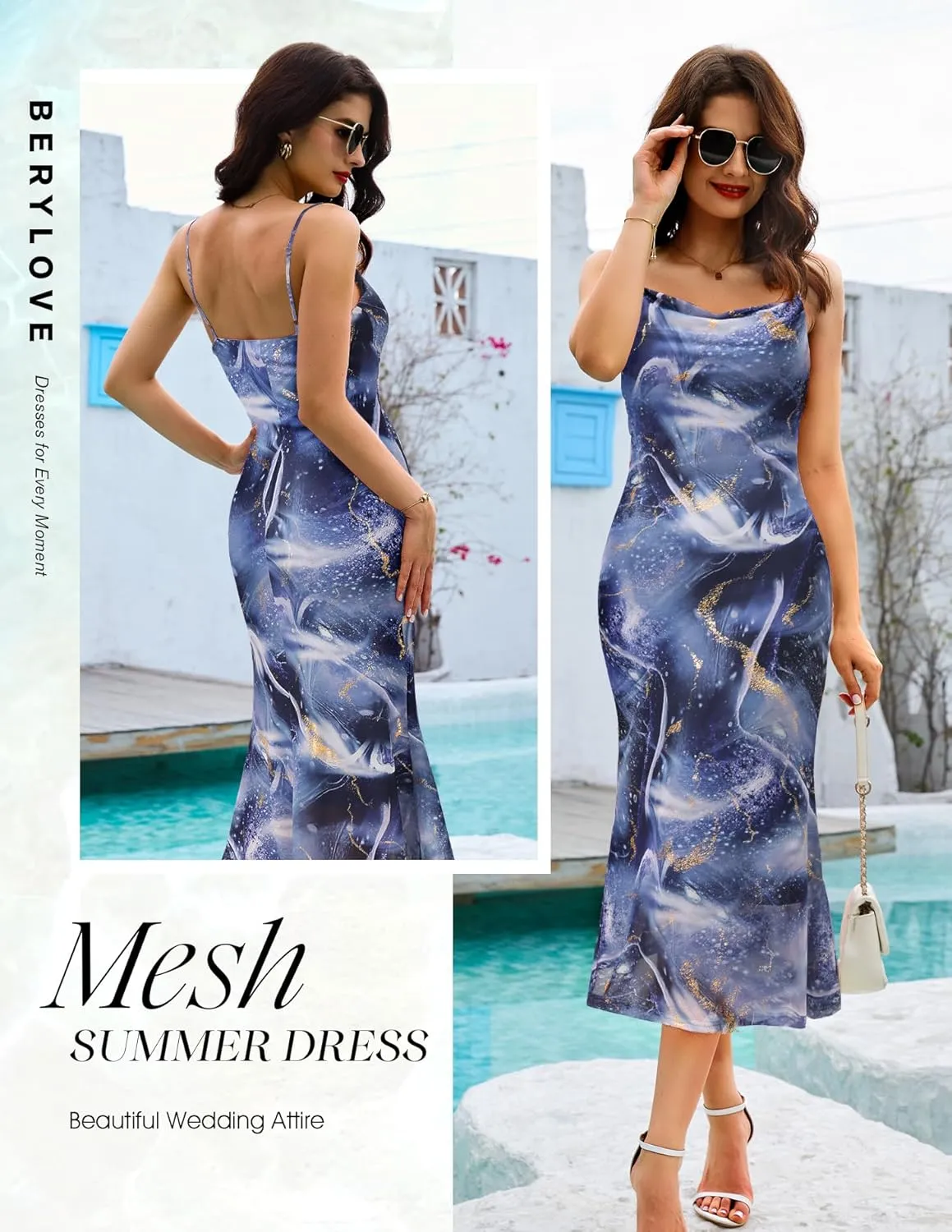 BeryLove Summer Wedding Guest Mesh Dresses Formal Spaghetti Strap Beach Dress