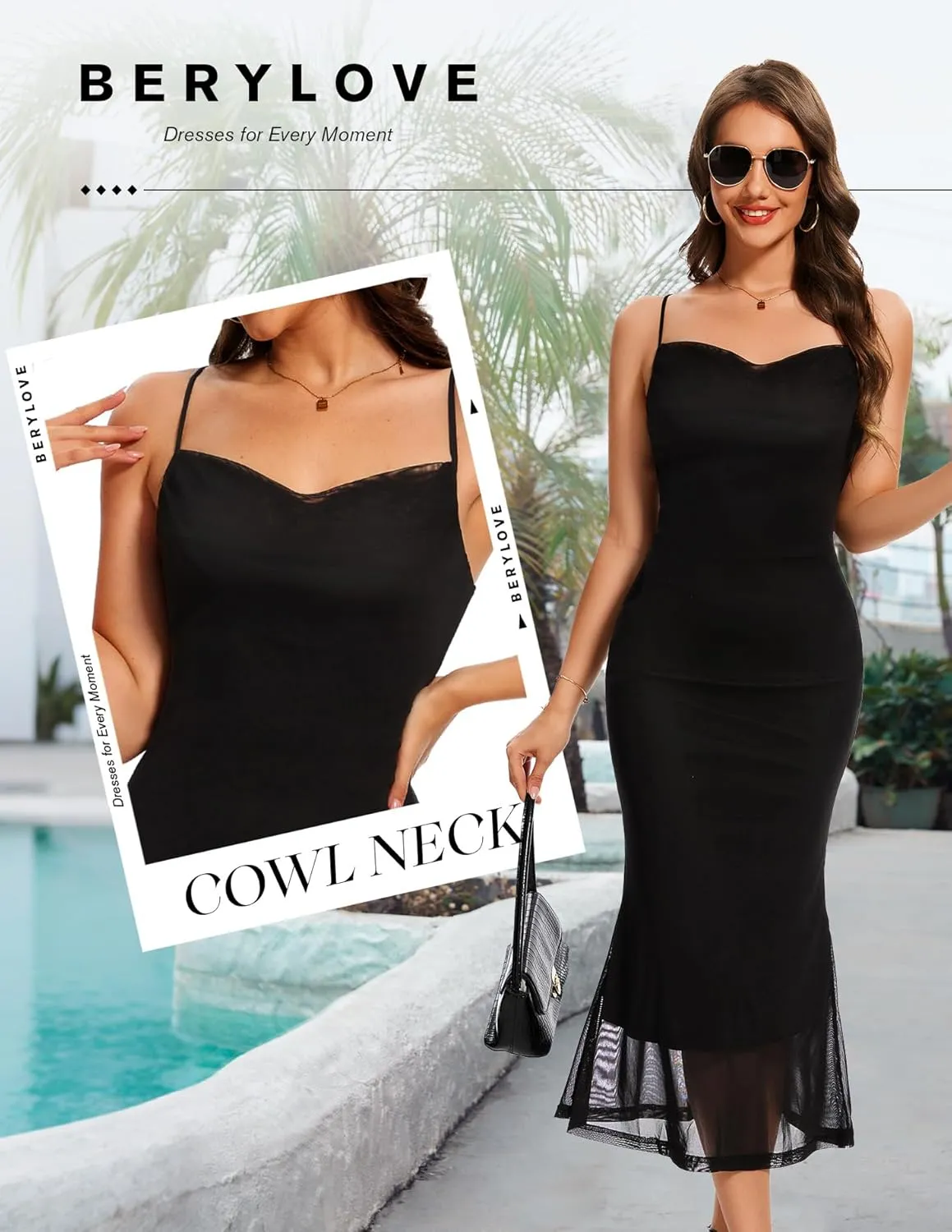 BeryLove Summer Wedding Guest Mesh Dresses Formal Spaghetti Strap Beach Dress