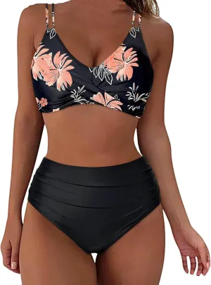 Bikini Sets for Women Sexy Two Piece Swimsuits Tummy Control Bathing Suits Push Up V Neck High Waisted Swimwear