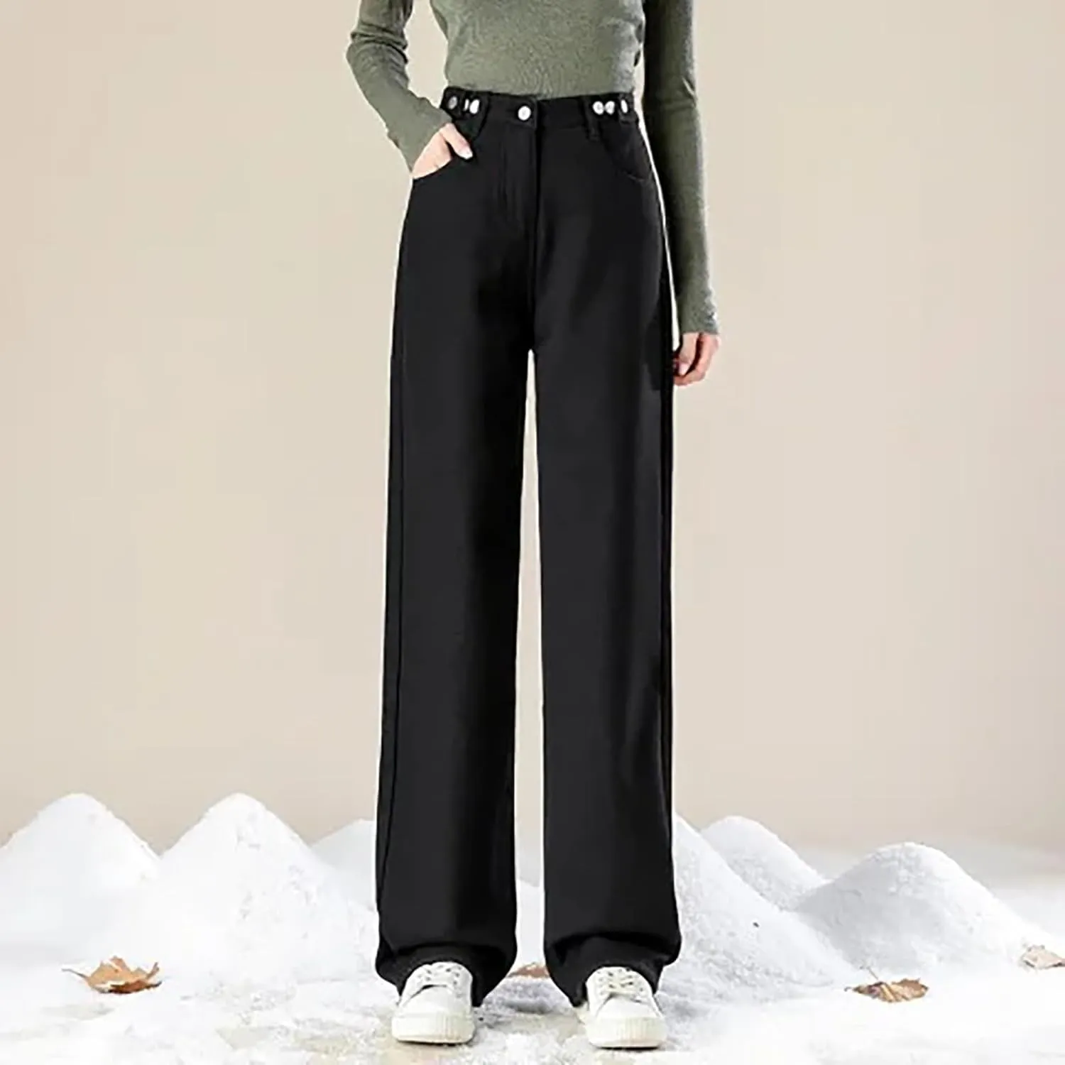 Binmer Fleece Lined Jeans Women High Waisted Stretchy Winter Warm Thermal Denim Pants Thick Wide Leg Trouser for Cold Weather