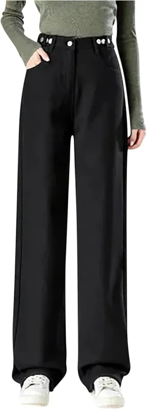 Binmer Fleece Lined Jeans Women High Waisted Stretchy Winter Warm Thermal Denim Pants Thick Wide Leg Trouser for Cold Weather