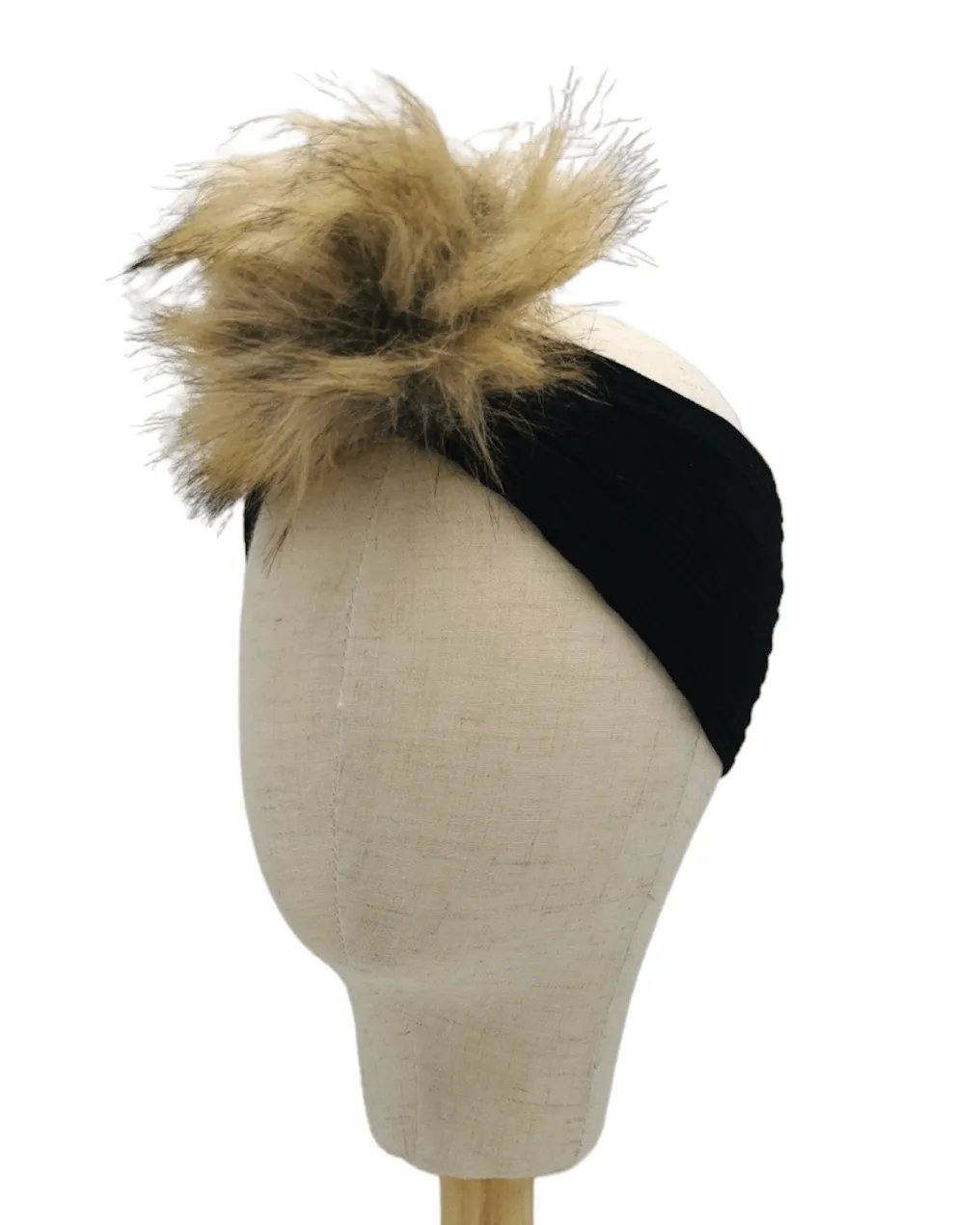 Black Faux Fur Pom Cable Knit Headband