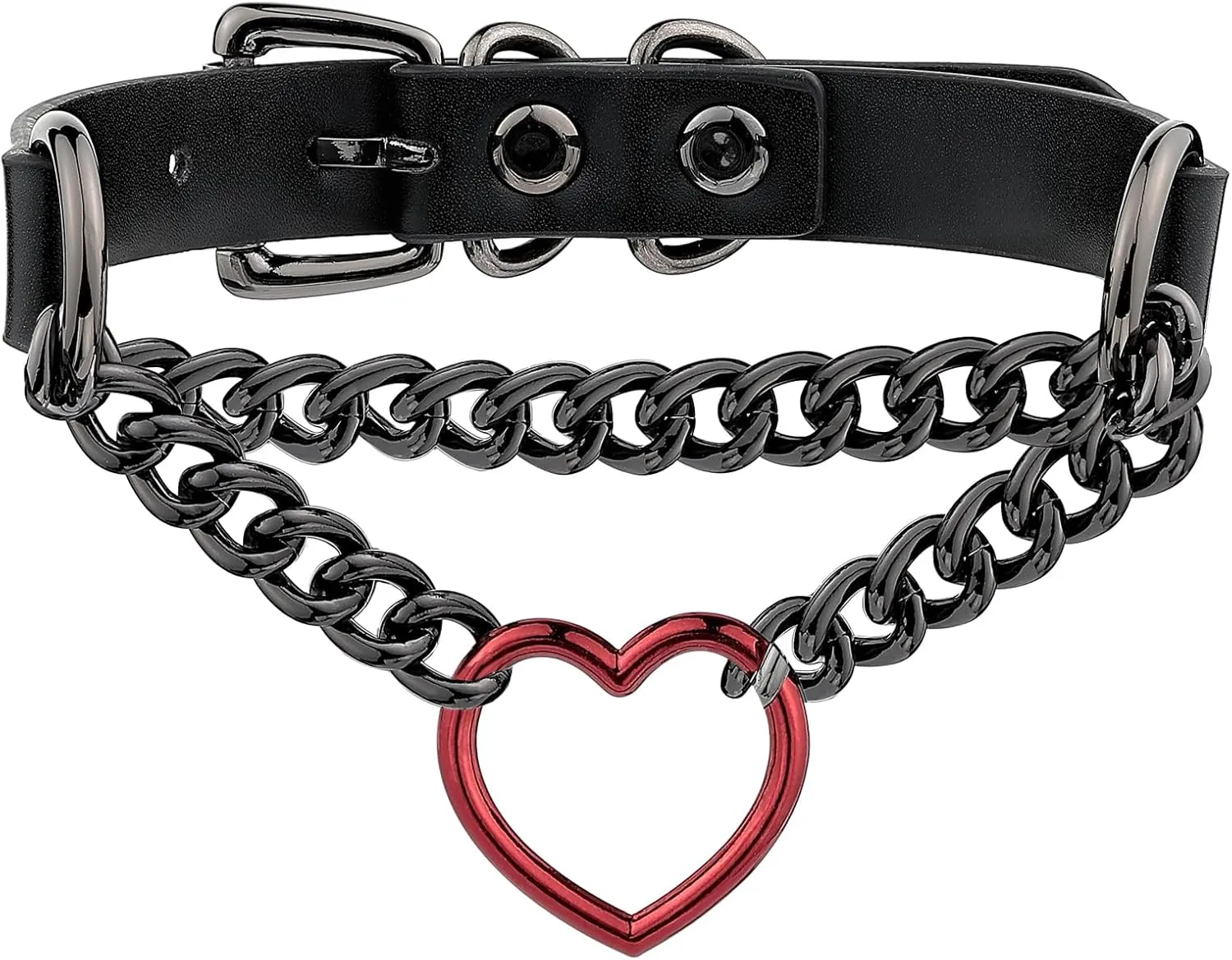 Black/Pink Leather Choker Necklace For Women, Handmade Adjustable Chain Collar with Metallic Heart Ring