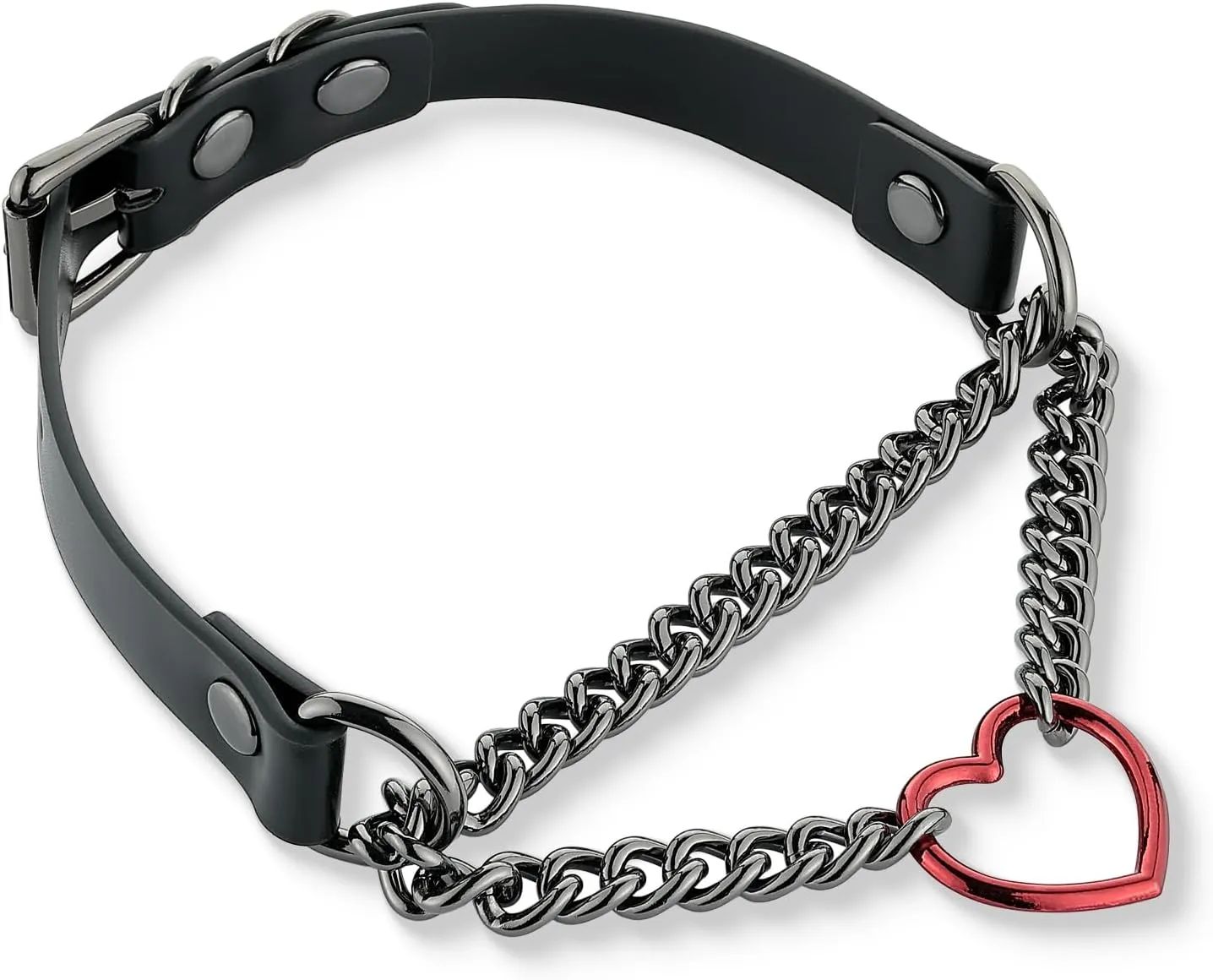 Black/Pink Leather Choker Necklace For Women, Handmade Adjustable Chain Collar with Metallic Heart Ring