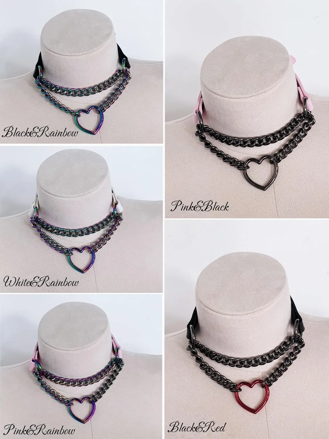 Black/Pink Leather Choker Necklace For Women, Handmade Adjustable Chain Collar with Metallic Heart Ring