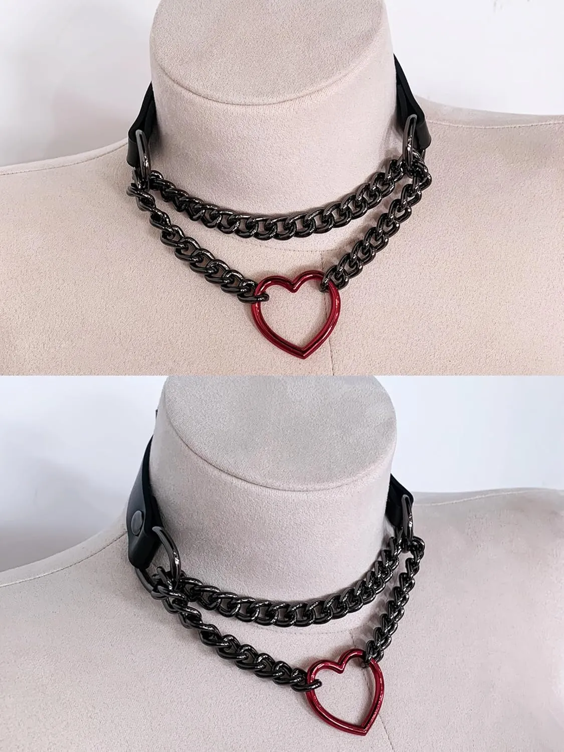 Black/Pink Leather Choker Necklace For Women, Handmade Adjustable Chain Collar with Metallic Heart Ring