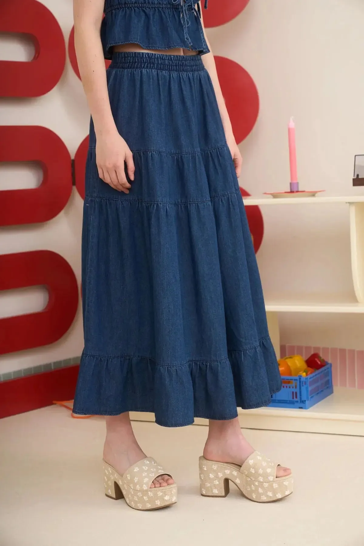 Blu Pepper Not My First Rodeo Skirt  Tiered Denim Midi Skirt