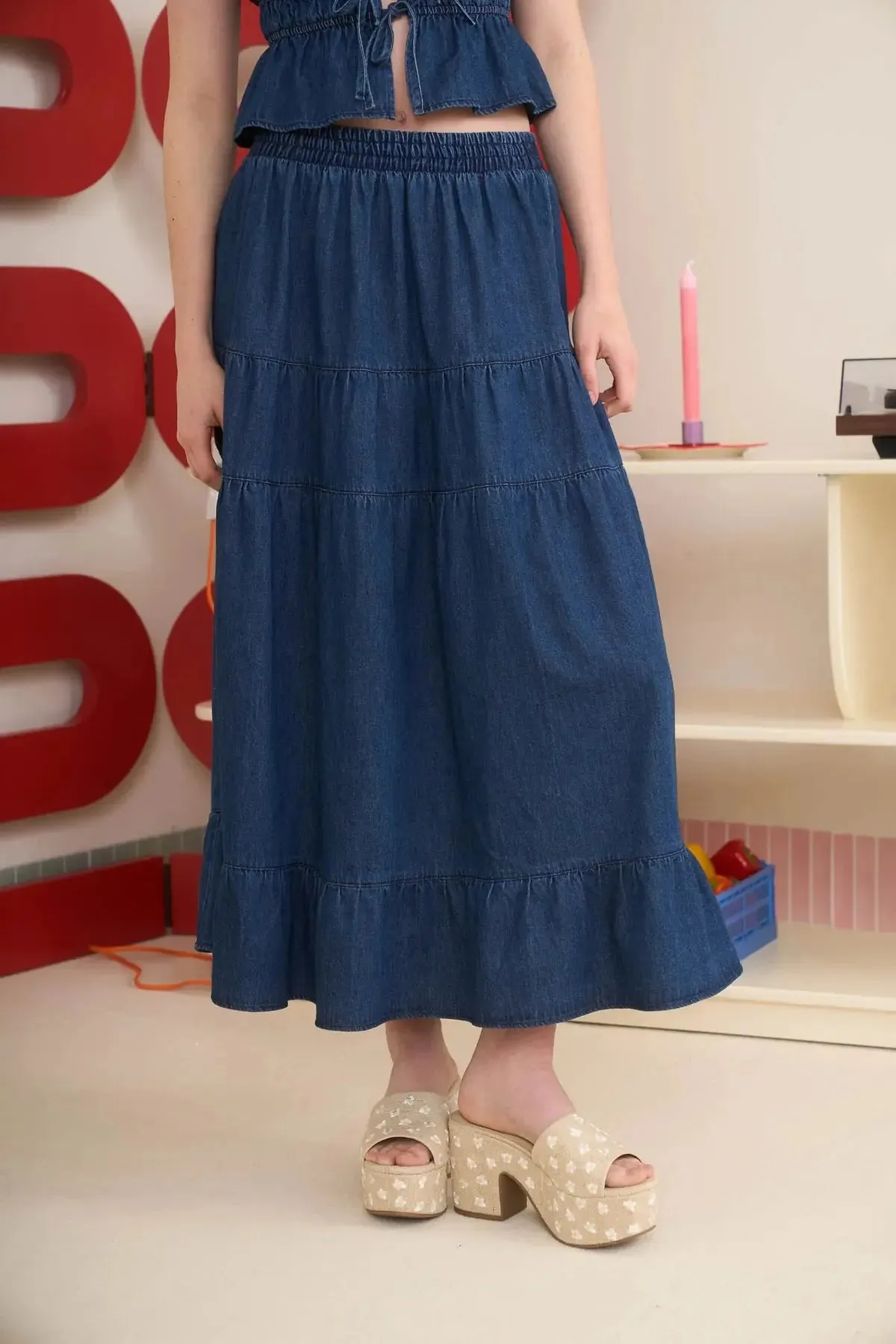 Blu Pepper Not My First Rodeo Skirt  Tiered Denim Midi Skirt