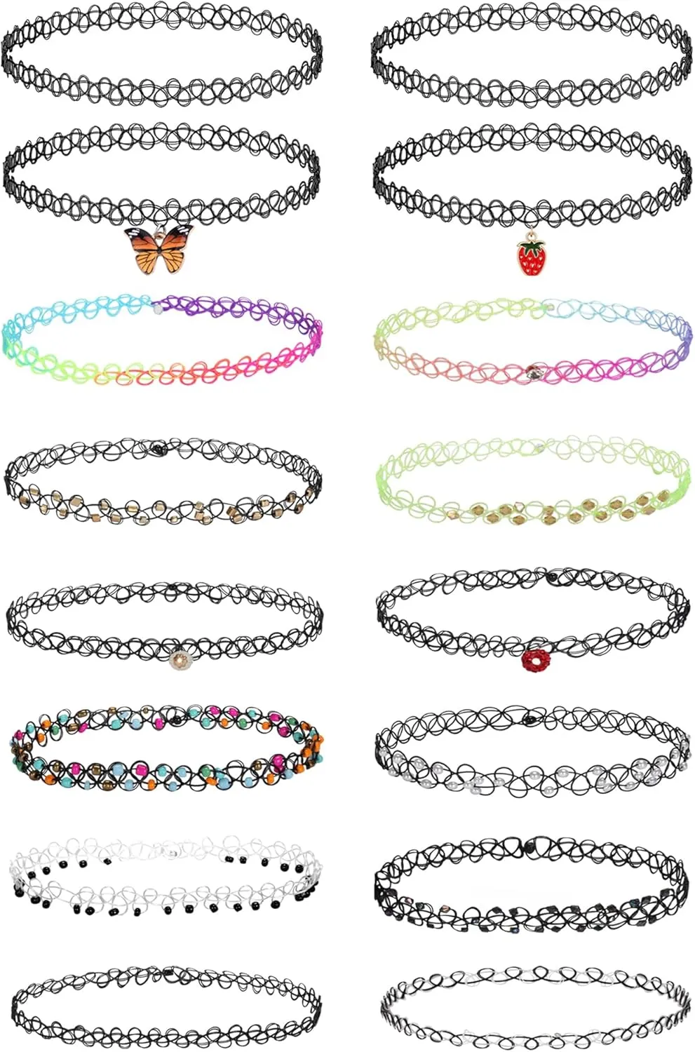 BodyJ4You 16PC Tattoo Choker Necklace Colorful Mix - 90s Accessories Women Teen Girls Kids - Butterfly Pendant Strawberry Charm - Summer Style Gift Idea
