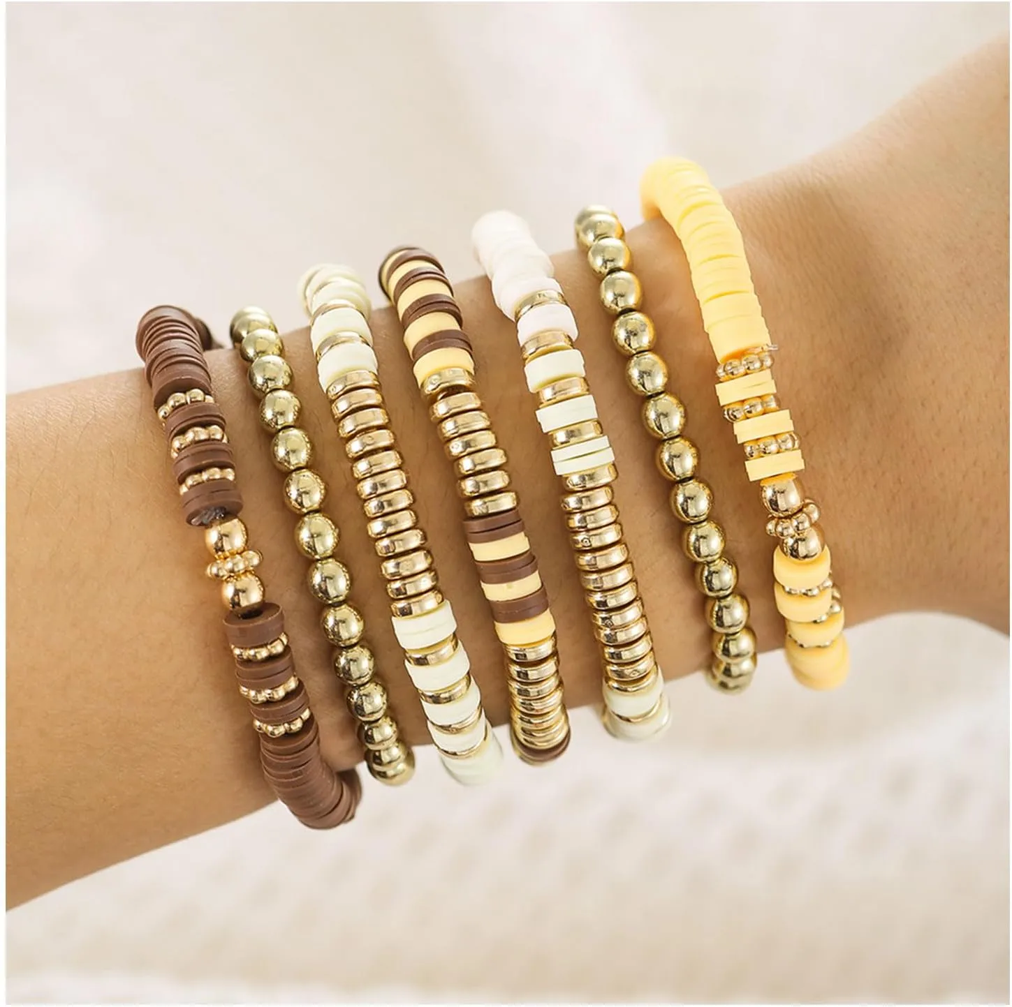 Bohemian Beaded Bracelets for Women Men Clay Bracelets Vinyl Disc Stretch Layering Stackable Bead Bracelets Gold Beaded Friendship Bracelets Summer Beach Surfer Jewelry