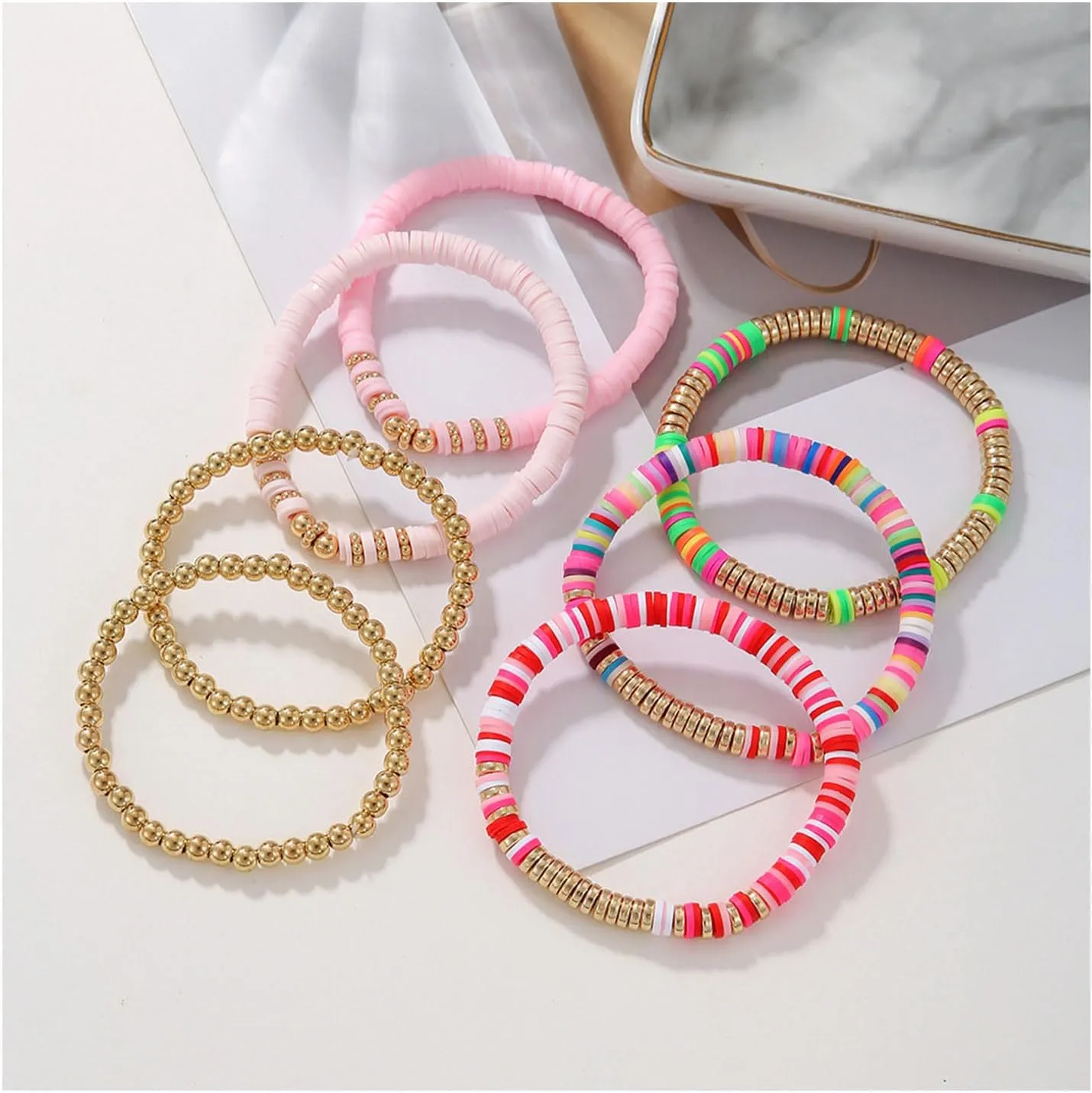 Bohemian Beaded Bracelets for Women Men Clay Bracelets Vinyl Disc Stretch Layering Stackable Bead Bracelets Gold Beaded Friendship Bracelets Summer Beach Surfer Jewelry