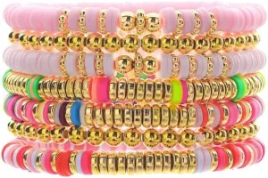 Bohemian Beaded Bracelets for Women Men Clay Bracelets Vinyl Disc Stretch Layering Stackable Bead Bracelets Gold Beaded Friendship Bracelets Summer Beach Surfer Jewelry