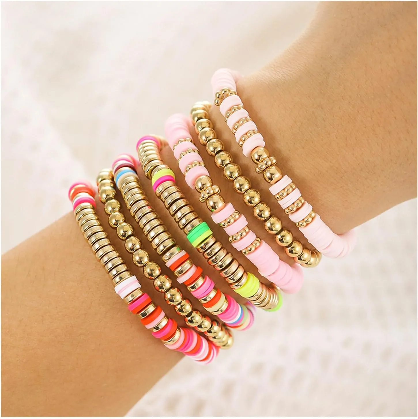 Bohemian Beaded Bracelets for Women Men Clay Bracelets Vinyl Disc Stretch Layering Stackable Bead Bracelets Gold Beaded Friendship Bracelets Summer Beach Surfer Jewelry