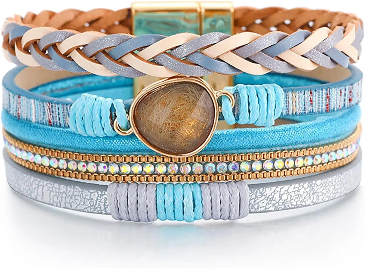 Bohemian Leather Bracelets for Women, Love Cuff Bracelets Black Moonstone Wrap Bracelets Boho Bangle Bracelets for Women Handmade Wristbands Jewelry Gifts